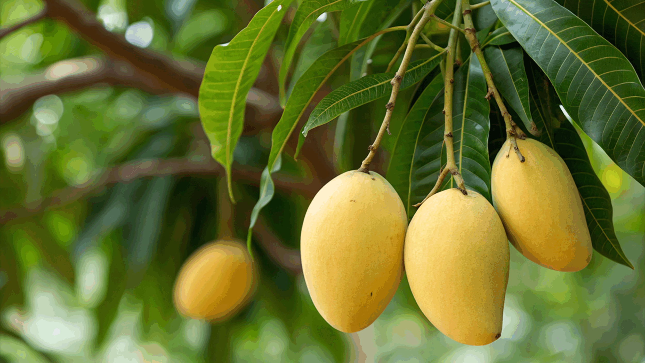 Close-up view of mangos hanging from mango tree.